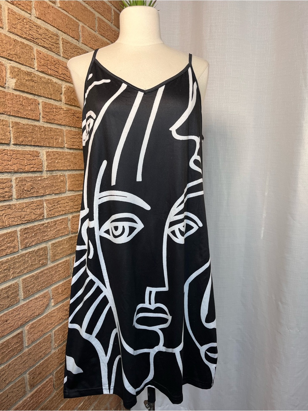 Abstract Face Print Mini Dress Size L Black White Open Back Slip Dress